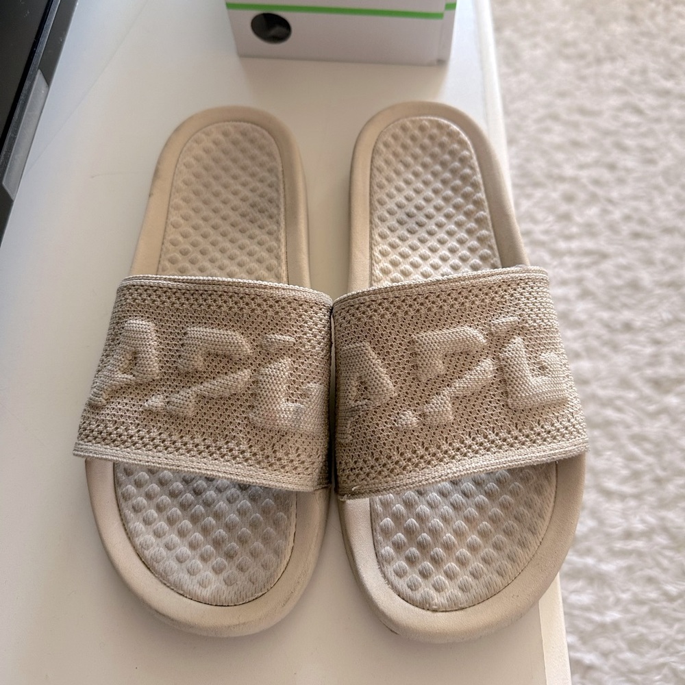 APL slides, men’s 7, Womans 8, cream/nude